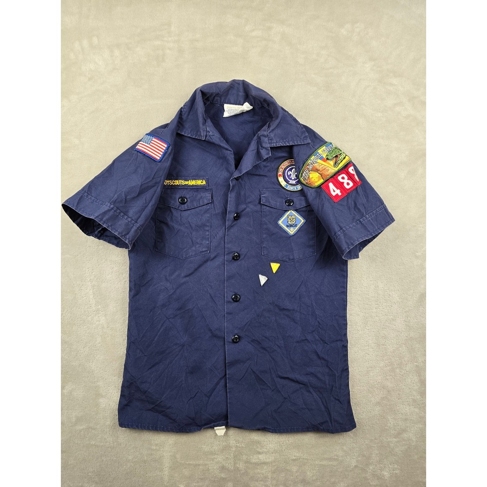 Boy Scouts of America Uniform Shirt Youth Large Blue Patches Short Sleeve 488